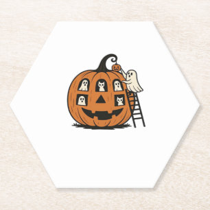 Whimsical Spooky Pumpkin with Ghosts, Cats & Hallo Paper Coaster