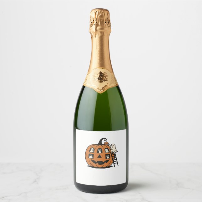 Whimsical Spooky Pumpkin with Ghosts, Cats & Hallo Sparkling Wine Label (Front)