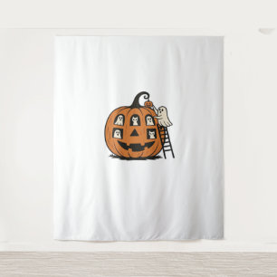 Whimsical Spooky Pumpkin with Ghosts, Cats & Hallo Tapestry