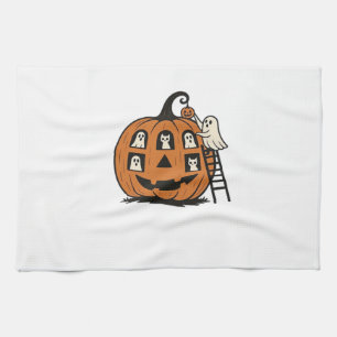 Whimsical Spooky Pumpkin with Ghosts, Cats & Hallo Tea Towel