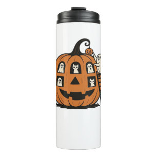 Whimsical Spooky Pumpkin with Ghosts, Cats & Hallo Thermal Tumbler