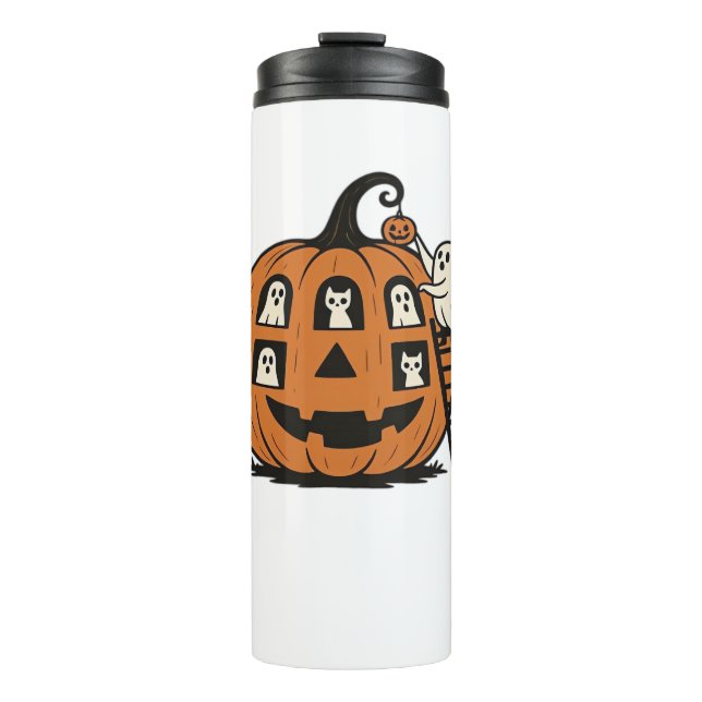 Whimsical Spooky Pumpkin with Ghosts, Cats & Hallo Thermal Tumbler (Front)