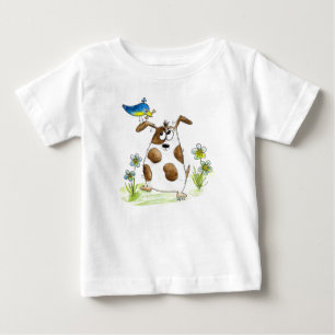 Whimsical Spotted Dog with Bird Baby T-Shirt