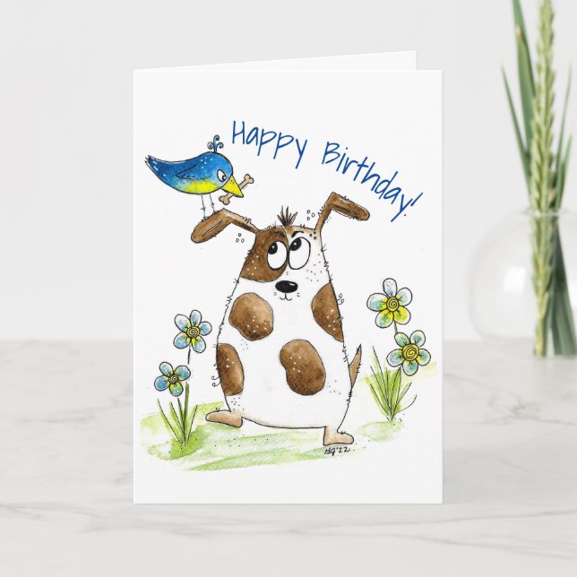 Whimsical Spotted Dog with Bird Card (Front)