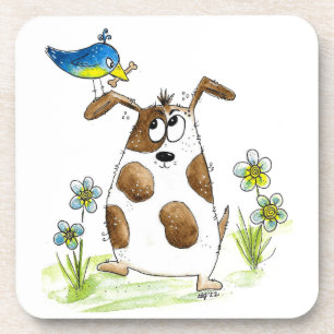Whimsical Spotted Dog with Bird Coaster