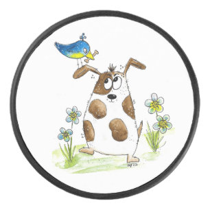 Whimsical Spotted Dog with Bird Hockey Puck