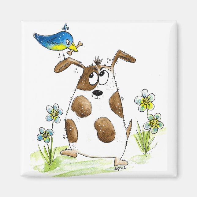 Whimsical Spotted Dog with Bird Magnet (Front)