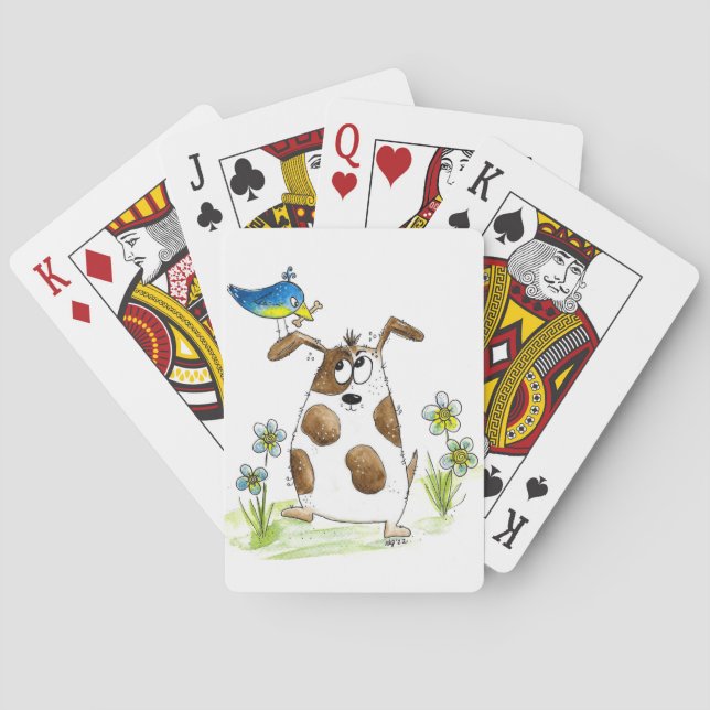 Whimsical Spotted Dog with Bird Playing Cards (Back)