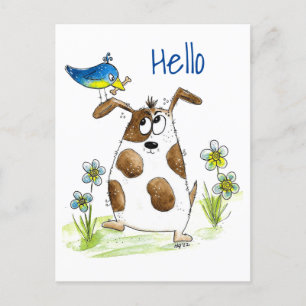Whimsical Spotted Dog with Bird Postcard