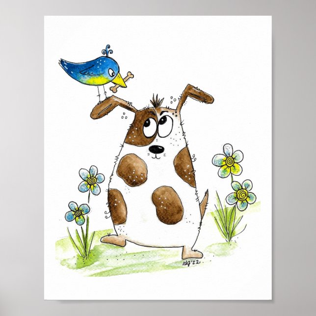 Whimsical Spotted Dog with Bird Poster (Front)