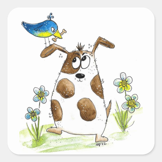 Whimsical Spotted Dog with Bird Square Sticker (Front)