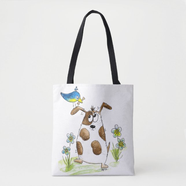 Whimsical Spotted Dog with Bird Tote Bag (Front)