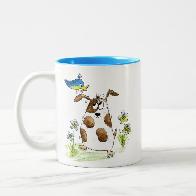 Whimsical Spotted Dog with Bird Two-Tone Coffee Mug (Left)