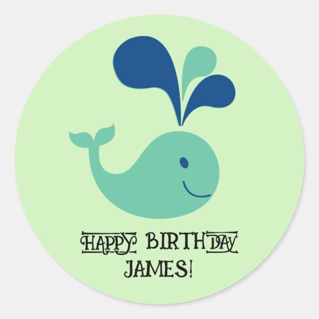 Whimsical Spouting Whale Happy Birthday Sticker! Classic Round Sticker (Front)