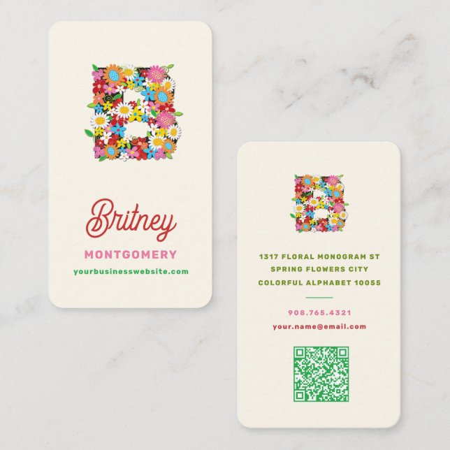 Whimsical Spring Floral B Monogram Name Creative Business Card (Front/Back)