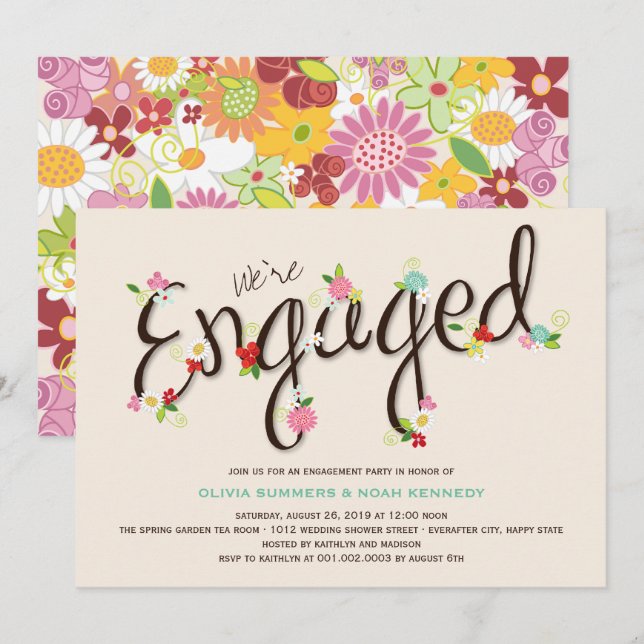Whimsical Spring Flowers Chic Engagement Party Invitation (Front/Back)