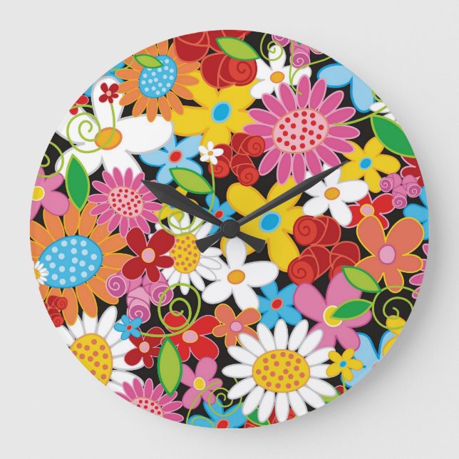 Whimsical Spring Flowers Colourful Garden Floral Large Clock (Front)
