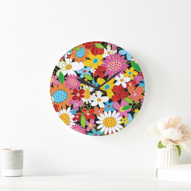 Whimsical Spring Flowers Colourful Garden Floral Large Clock (Home)