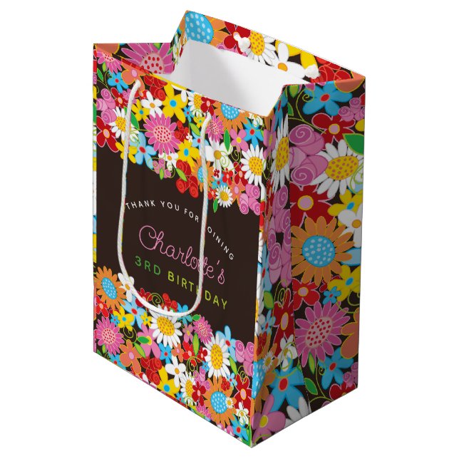 Whimsical Spring Flowers Garden Birthday Party Medium Gift Bag (Front Angled)