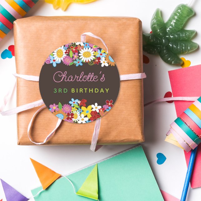 Whimsical Spring Flowers Garden Girl's Birthday Classic Round Sticker (Whimsical Colorful Spring Flowers Garden Girl's Birthday Party Favor / Envelope Seal Sticker)