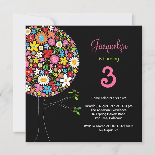 Whimsical Spring Flowers Pop Tree Birthday Party Invitation (Front)
