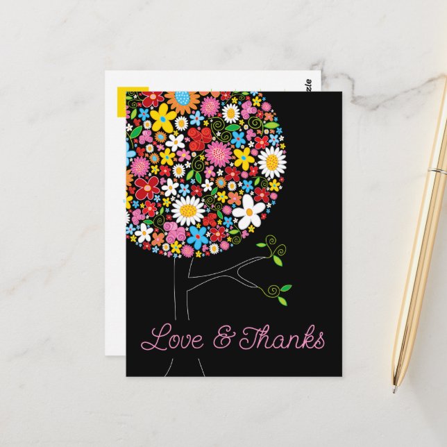 Whimsical Spring Flowers Pop Tree Chic Thank You Postcard (Front/Back In Situ)
