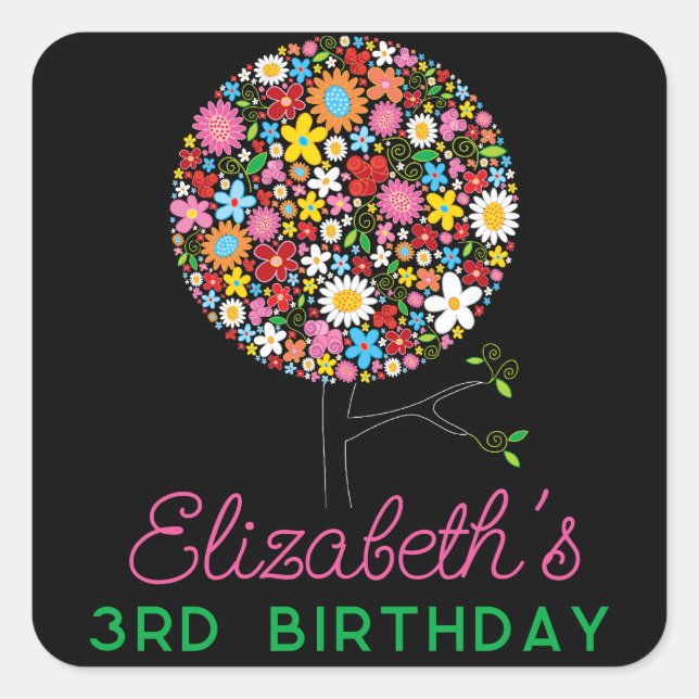 Whimsical Spring Flowers Pop Tree Kid Birthday Square Sticker (Front)