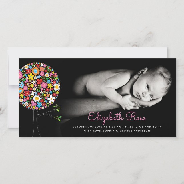 Whimsical Spring Flowers Pop Tree Photo Girl Birth Announcement (Front)