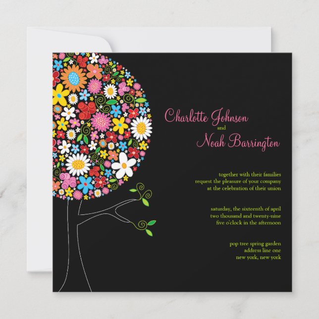 Whimsical Spring Flowers Pop Tree Wedding Invite (Front)