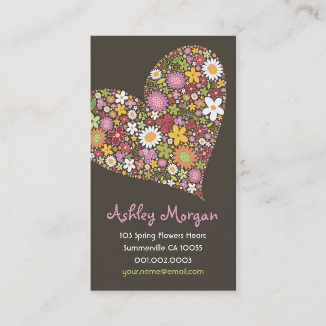 Whimsical Spring Flowers Valentine Heart Love Business Card (Front)