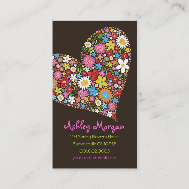 Whimsical Spring Flowers Valentine Heart Love Business Card (Front)