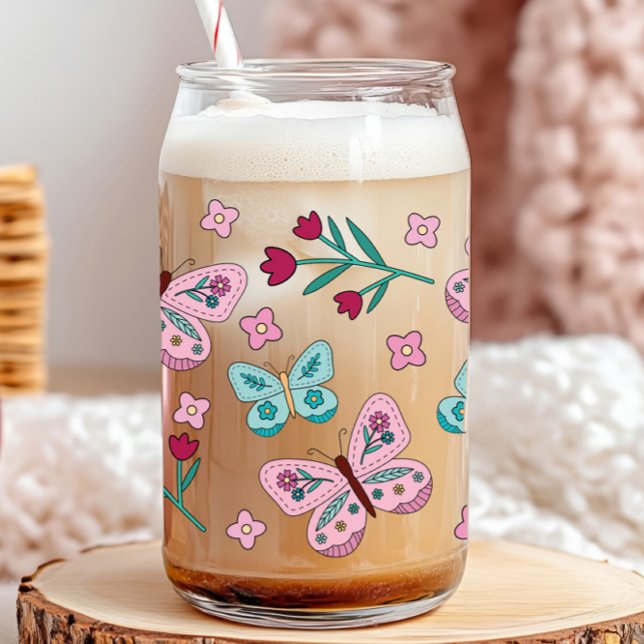 Whimsical Spring Garden Flowers and Butterflies  Can Glass (whimsical retro spring floral butterflies pattern glass can )