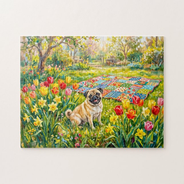 Whimsical Spring Garden Mops Dog Illustration Jigsaw Puzzle (Horizontal)