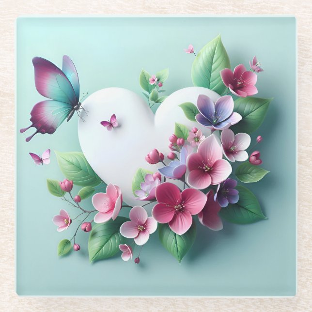 Whimsical Spring Garden & Painted Butterfly Bloom Glass Coaster (Front)