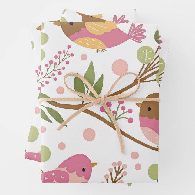 Whimsical Spring Garden with Robins Wrapping Paper Sheet (In situ)