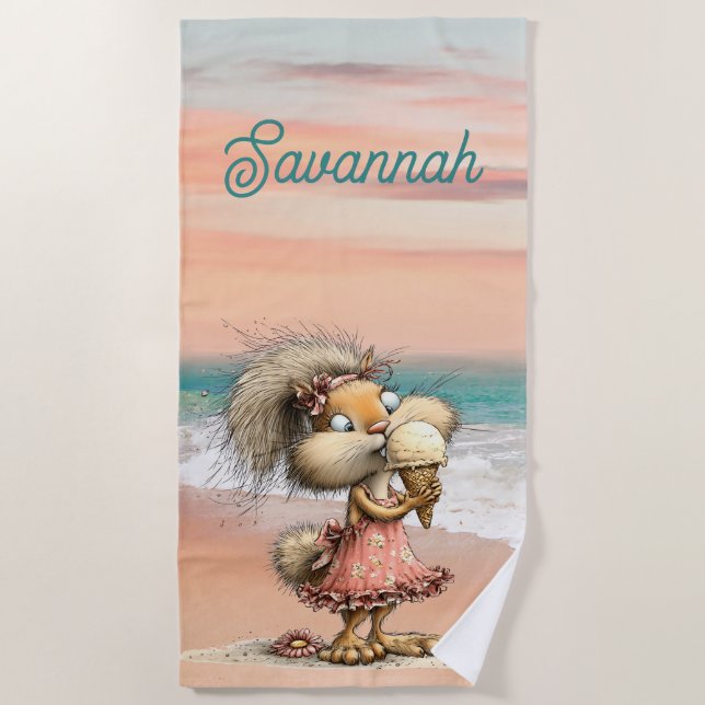 Whimsical Squirrel Beach Scene Personal Towel (Front)