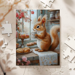 Whimsical Squirrel Drinking Tea Café Art Jigsaw Puzzle