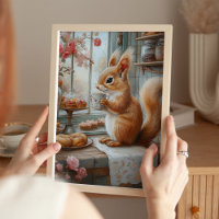Whimsical Squirrel Drinking Tea Café Art Print