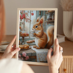 Whimsical Squirrel Drinking Tea Café Art Print