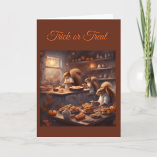 Whimsical Squirrel Family Bakes Cookies Halloween Card