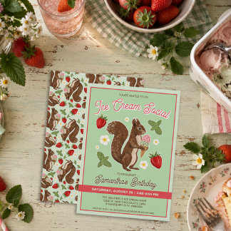 Whimsical Squirrel Ice Cream Social Birthday Party Invitation