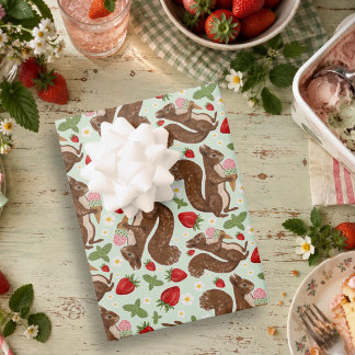 Whimsical Squirrel Ice Cream Strawberry Pattern Wrapping Paper Sheet