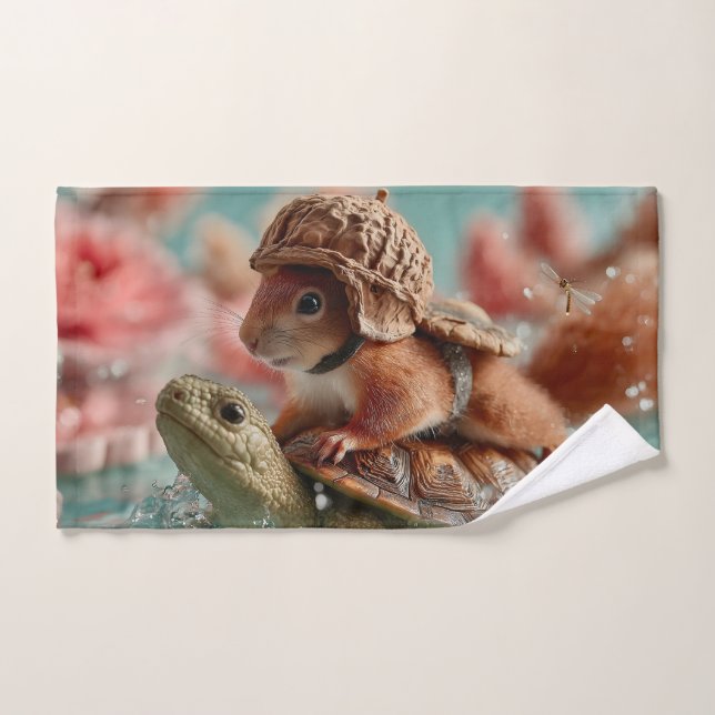 Whimsical Squirrel Riding a Turtle  Hand Towel (Hand Towel)