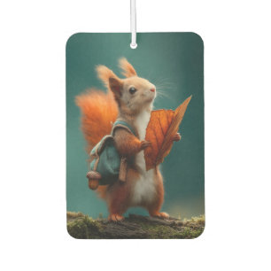 Whimsical Squirrel with a Backpack and Autumn Leaf Car Air Freshener