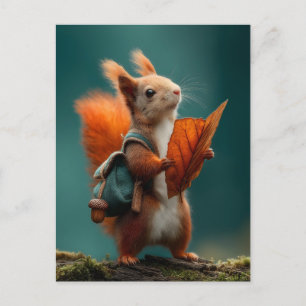 Whimsical Squirrel with a Backpack and Autumn Leaf Holiday Postcard