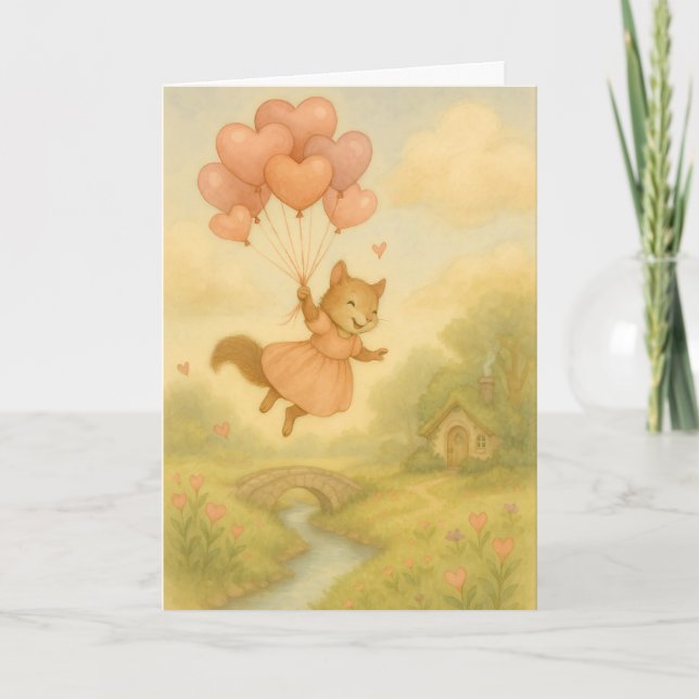 Whimsical Squirrel with Heart Balloons Valentine  Card (Front)