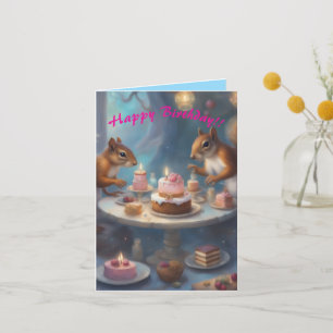Whimsical Squirrels Birthday Card pink and blue