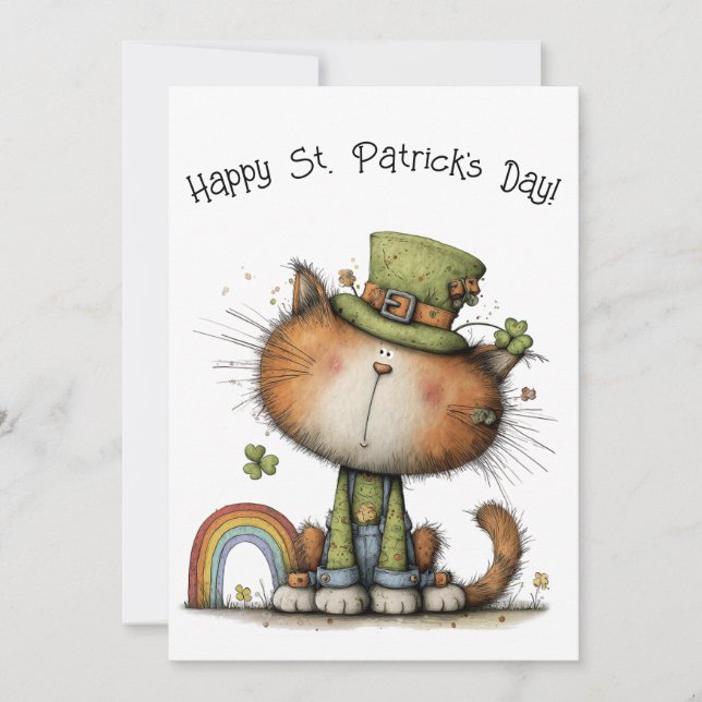 Whimsical St. Patrick’s Day Cat Cheer Flat Card (Front)