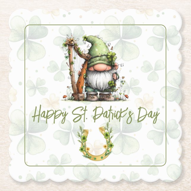 Whimsical St. Patrick’s Day Gnome  Paper Coaster (Front)