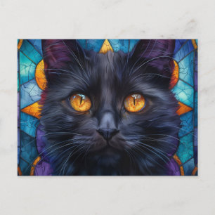 Whimsical Stained Glass Black Cat Postcard